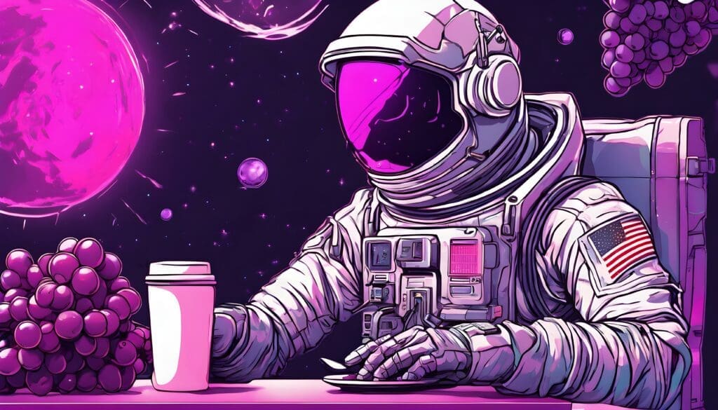 astronaut drinking coffee, grapes in background