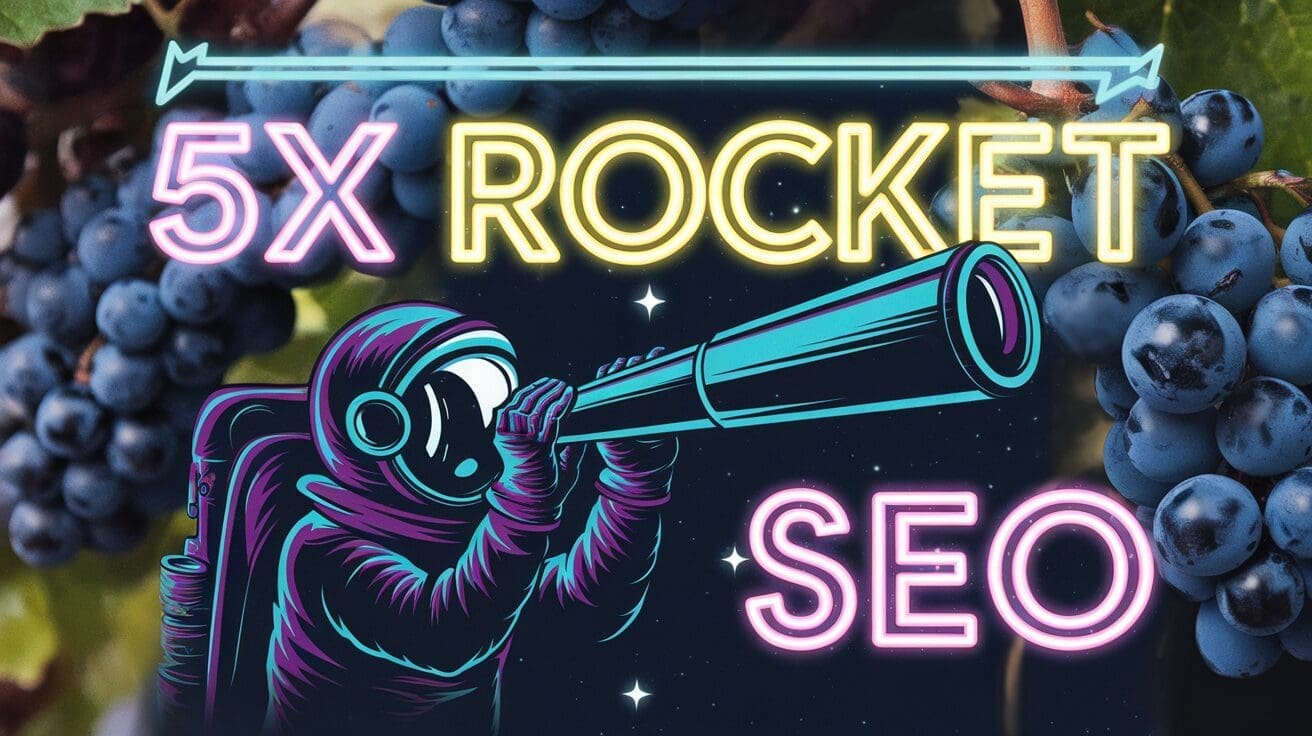Image styled in neon punk. Featuring an astronaut looking through a telescope, a computer that says "5x Rocket SEO", and grapes in the background.