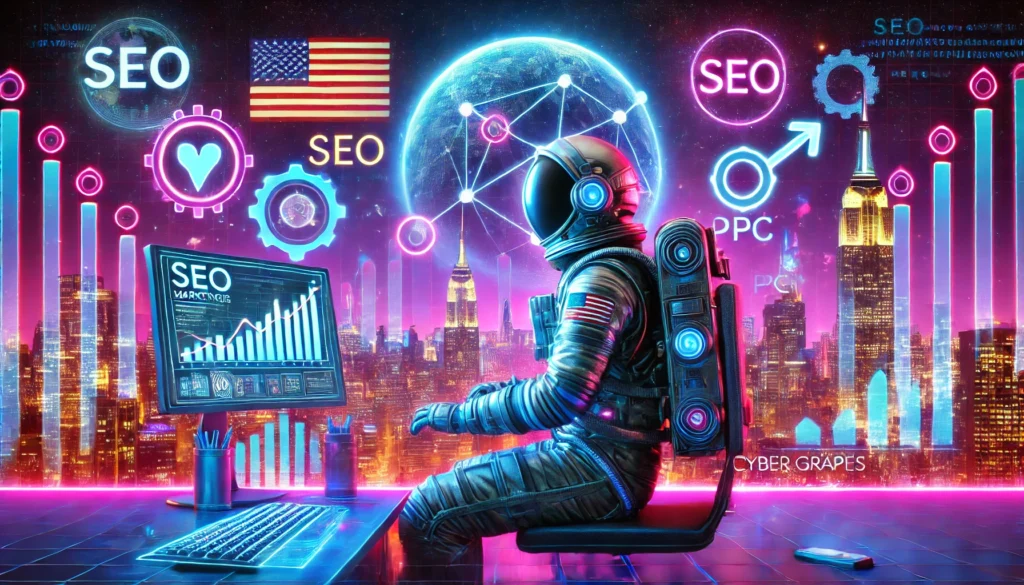 A futuristic cyberpunk-style scene featuring an astronaut sitting at a high-tech computer, analyzing digital marketing data on a neon-lit screen